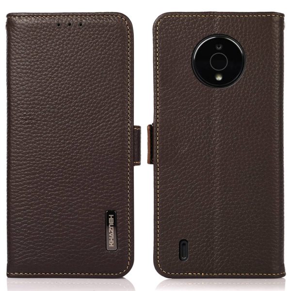 KHAZNEH Side Double Magnetic Clasps Genuine Leather Case for Nokia C200, Litchi Texture RFID Blocking Phone Wallet Cover with Foldable Stand Online