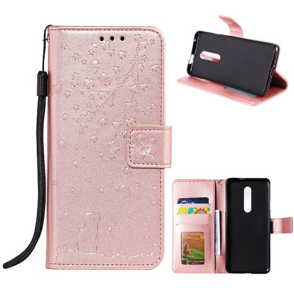 Imprint Flower and Cat Flip Leather Wallet Case for OnePlus 7 Pro For Sale